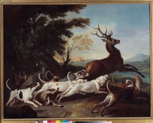 Metsästys: "" Debuche du deer"" François Desportesin (1661-1743) maalaus 1718 Su. 1,1 x 1,45 m Rouen, Kuvataidemuseo tekijältä Alexandre Francois Desportes