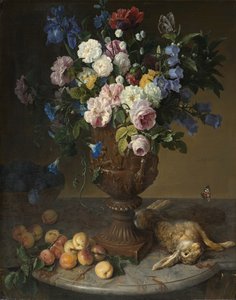 Kukka-uurni, jossa on hedelmiä ja jänis, 1715