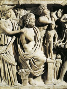 Marmorisarkofagi, Prometheuksen myyttiä kuvaava reliefi, yksityiskohta, Athena avustamassa Prometheusta hänen luoessaan ihmisiä, Arlesista
