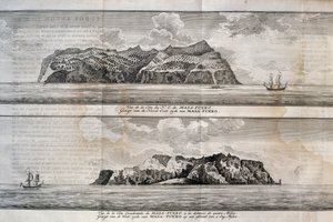 Näkymä Alejandro Selkirkin saarelle tai Mas Afueran saarelle, Juan Fernandezin saaristo, Chile, kaiverrus