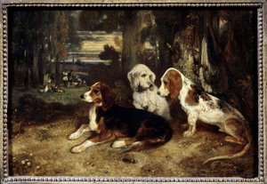 Metsästyskoirat levossa Alexandre Gabriel Decampsin (1803-1860) maalaus 1839 Su. 0,26x0,37 m Pariisi, Musee du Louvre. tekijältä Alexandre Gabriel Decamps