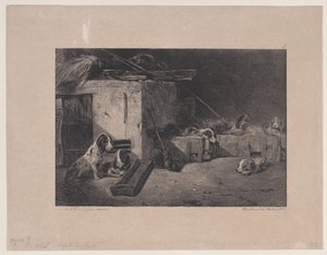 Kennelin sisustus sarjasta Hunting Scenes, 1829. tekijältä Alexandre Gabriel Decamps