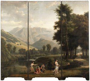 Arkadian maisema, jossa neitsyt keräävät kukkia joen rannalla, kukkulan laella sijaitseva linna, 1801
