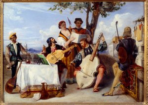 Venetsialaisia konserttimuusikoita (sello, luuttu, viulu) ja laulajia terassilla palvelee musta palvelija. Alexandre Hessen (1806-1879) maalaus 1800-luvun Nantes, Kuvataidemuseo