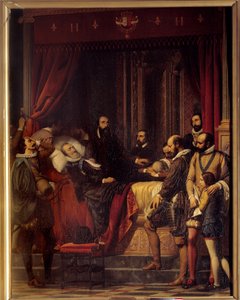 Ranskan kuninkaan Henrik IV:n (1553-1610) kuolema, hänen ruumiinsa on esillä Alexandre Hessen (1806-1879) Louvren maalauksessa.