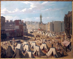 Joukkoleiri, Boulevard du Temple -kadulla Pariisissa, kesäkuun päivinä 1848. Josquinin (?) maalaus, öljy kankaalle, ranskalaista taidetta tekijältä Alexandre Josquin