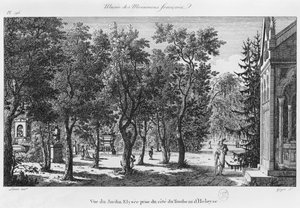 Musee des Monuments Francais, Pariisi, näkymä Jardin Elyseen puistoon Heloisen ja Abelardin haudasta, kaiverruksesta Laurent Guyot (1756-1806)