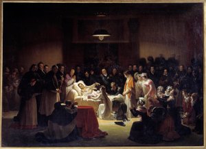 Berryn herttuan (1778 - 1820) viimeiset hetket Pariisin oopperassa Ludvig XVIII:n ja kuninkaallisen perheen ympäröimänä. Alexandre Menjaudin (1773-1832) maalaus tekijältä Alexandre Menjaud