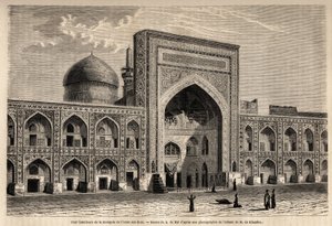Imam Aly Riza a Mashhadin moskeijan sisäpiha, piirustus A. de Bar havainnollistamaan matkaa Khorasaniin (Khorasan, Chorasan tai Khurasan) vuonna 1858, kirjoittanut N. de Khanikof. Kaiverrus ”” Le tour du monde”” 1861. Selvan kokoelma.
