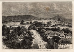 Rue et barracks de Freetown, Sierra Leone, kaiverrus A. de Barin piirustuksen jälkeen, joka havainnollistaa matkaa Côte d