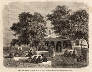 Näkymä kahvilasta La Marsassa (Tunis), piirtänyt A.de Bar havainnollistamaan Amable Crapeletin matkaa Tunisiin vuonna 1859. Kaiverrus kirjassa "" Le tour du monde", toimittanut Edouard Charton
