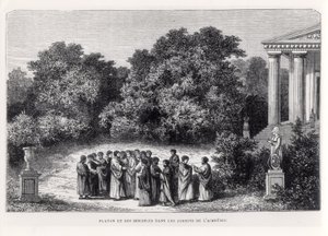 Platon (n. 427-n. 348 eKr.) ja hänen opetuslapsensa Akatemian puutarhassa, Louis Figuierin teoksesta "La Vie des Savants Illustres", kaiverrus Laplante, n. 1870 tekijältä Alexandre de Bar