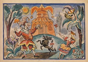 Kuvitus Jevgeni Schwartzin Petruškan ja Stepka-Rastrepkan sotaan, 1925 tekijältä Alexei Alexandrovich Radakov
