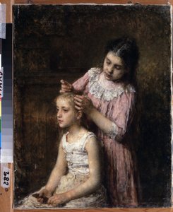 Kaksi sisarta (Kaksi sisarta). Vanhin yrittää tehdä nuorimman hiukset. Aleksei Aleksejevitš Kharlamovin (1840-1922) maalaus öljy kankaalle tekijältä Alexei Alexeyevich Kharlamov