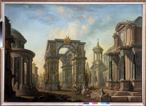 Arkkitehtoninen fantasia. Aleksei Ivanovitš Belskin (1730-1796) maalaus. Öljy kankaalle tekijältä Alexei Ivanovich Belsky