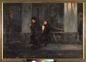 Kiirastorstai. Kaksi pientä tyttöä kynttilät kädessään illalla menossa kirkkoon pääsiäisjuhlaan. Aleksei Nikolajevitš Ostrogradsky (1867-1943), öljy kankaalle tekijältä Alexei Nikolayevich Ostrogradsky