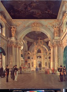 Talvipalatsin suuren kirkon sisustus - Aleksei Vasiljevitš Tyranovin (1808-1859) maalaus, öljy kankaalle, venäläinen taide 1800-luku - Valtion Eremitaaši, Pietari