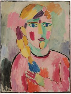 Tyttö, jolla on siniset silmät ja poninhäntä; Tyttö, jolla on sinisilmäinen ja sassi, n. 1916 tekijältä Alexej von Jawlensky