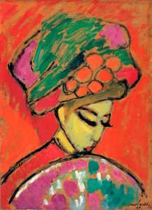 Nuori tyttö kukkahattu - Aleksei von Javlenskyn (1864-1941) öljymaalaus pahville, 67,5x49 cm tekijältä Alexej von Jawlensky