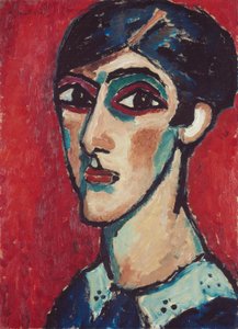 Pitkänomainen pää ruskeanpunaisella pohjalla (Suuri naisen pää punaisella pohjalla) tekijältä Alexej von Jawlensky