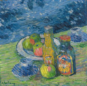 Asetelma pullojen ja hedelmien kanssa tekijältä Alexej von Jawlensky