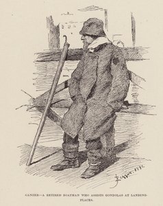 Ganzer, Eläkkeellä oleva venemies, joka avustaa gondoleita rantautumispaikoilla (kaiverrus). tekijältä Alezzandro Zezzos