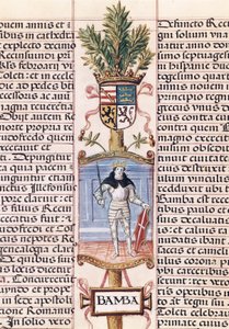 Visigoottien kuningas Wamba (k. 688, Espanjan kuningas 672-680/681, Alonso de Cartagenan "Espanjan kuninkaiden sukututkimus") tekijältä Alfonso de Cartagena