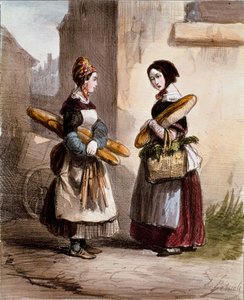 Pienet työt: leipomo. Nuori kävelevä leipäkauppias. Alfred Andre Geniolen (1813-1861) vedos elokuvasta "Les femmes de Paris" 1841-1842 Paris, Musee Carnavalet