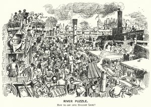 Punch-sarjakuva: Ruuhka Thames-joella Molesey Lockissa, Surreyssa (kaiverrus) tekijältä Alfred Chantrey Corbould