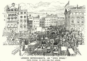 Punch sarjakuva: London Improvements. "Avoin avaruus" - liikenneruuhka viktoriaanisessa Lontoossa (kaiverrus) tekijältä Alfred Chantrey Corbould