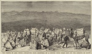 Vähä-Aasian nälänhätä, Egyptin khediivin lähettämän viljaa kuljettaneen saattueen lähtö Celephkiasta tekijältä Alfred Chantrey Corbould