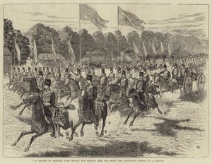 Katsaus Windsor Parkissa Hänen Majesteettinsa ja Shahin edessä, tykistö ohittamassa laukkaa (kaiverrus) tekijältä Alfred Chantrey Corbould