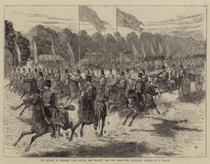 Katsaus Windsor Parkissa Hänen Majesteettinsa ja Shahin edessä, tykistö ohittamassa laukkaa tekijältä Alfred Chantrey Corbould