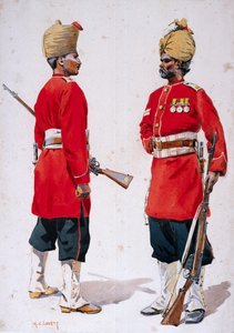 Sotilaat 102. kuningas Edwardin omasta kranaatista ja 101. kranaatista, kuvitus majuri G.F.:n julkaisusta "Armies of India" MacMunn, julkaistu 1911, 1908 tekijältä Alfred Crowdy Lovett