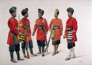 Entisen Hyderabadin joukkojalkaväen sotilaat, kuvitus majuri G.F.:lle "Armies of India" MacMunn, julkaistu 1911, 1910