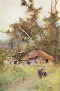 Myrskyinen päivä Japanissa, n. 1889 (akvarelli paperille) tekijältä Alfred East