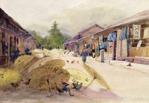Sateenvarjojen kuivaus sademyrskyn jälkeen, n. 1889 (akvarelli paperille) tekijältä Alfred East