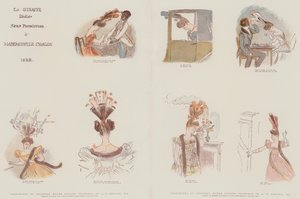 Alkuperäisten vesiväripiirustusten faksimilit, jotka on suunniteltu satiirisoimaan muotia naisten vuoden 1828 päähineissä (chromolitho)