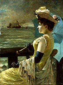 Nainen aurinkovarjoineen ja katsoo merelle, tekijältä Alfred Emile Stevens