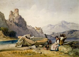 "Figuurit ja vene järven rannalla, taustalla talo ja rauniolinna", 1830-luku tekijältä Alfred Gomersal Vickers