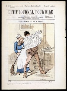 Mies lukee sanomalehteä: """ aux Champs"", kirjoittanut A. grévin- julkaisussa "" Le Petity Journal pour rire"" n¡22, n.d. tekijältä Alfred Grevin