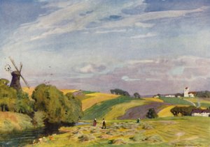 Tanska: Tyypillinen tanskalainen maisema, Etelä-Jyllanti (väri litho)