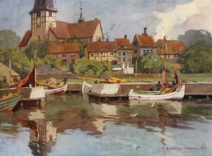 Tanska: Bornholm, Ronne Harbour (väri litho) tekijältä Alfred Heaton Cooper