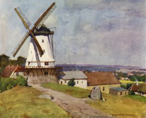 Tanska: Dybbol Mill, Sonderborg, taistelukentällä 1864 (väri litho) tekijältä Alfred Heaton Cooper