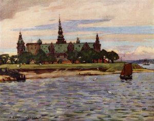 Tanska: Helsingor, Kronborgin linna (värilitho) tekijältä Alfred Heaton Cooper