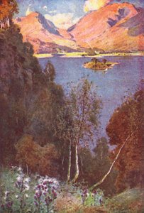 Lake District: A Glimpse of Grasmere, ilta-aurinko (värilitografia). tekijältä Alfred Heaton Cooper