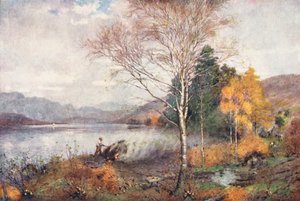 Lake District: Coniston Lake (värilitro): Hiilenpolttajat, Coniston Lake (värilitro) tekijältä Alfred Heaton Cooper