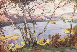 Lake District: Derwentwater ja Bassenthwaite Lake, High Lodoresta (värilitro). tekijältä Alfred Heaton Cooper