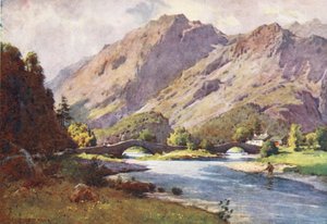 Lake District: Grange in Borrowdale, aikaisin aamulla (värilitro). tekijältä Alfred Heaton Cooper