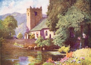 Lake District: Grasmere Church (värilitro). tekijältä Alfred Heaton Cooper